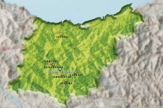 Geografía de la comarca de Igartubeiti a fines del siglo XIV, con la ubicación de las villas de Segura y Villareal de Urretxu, a las que estuvo vinculada la casa
